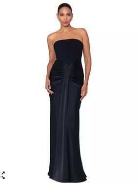 Betsy & Adam Strapless Drape Front Satin Gown Dress Black